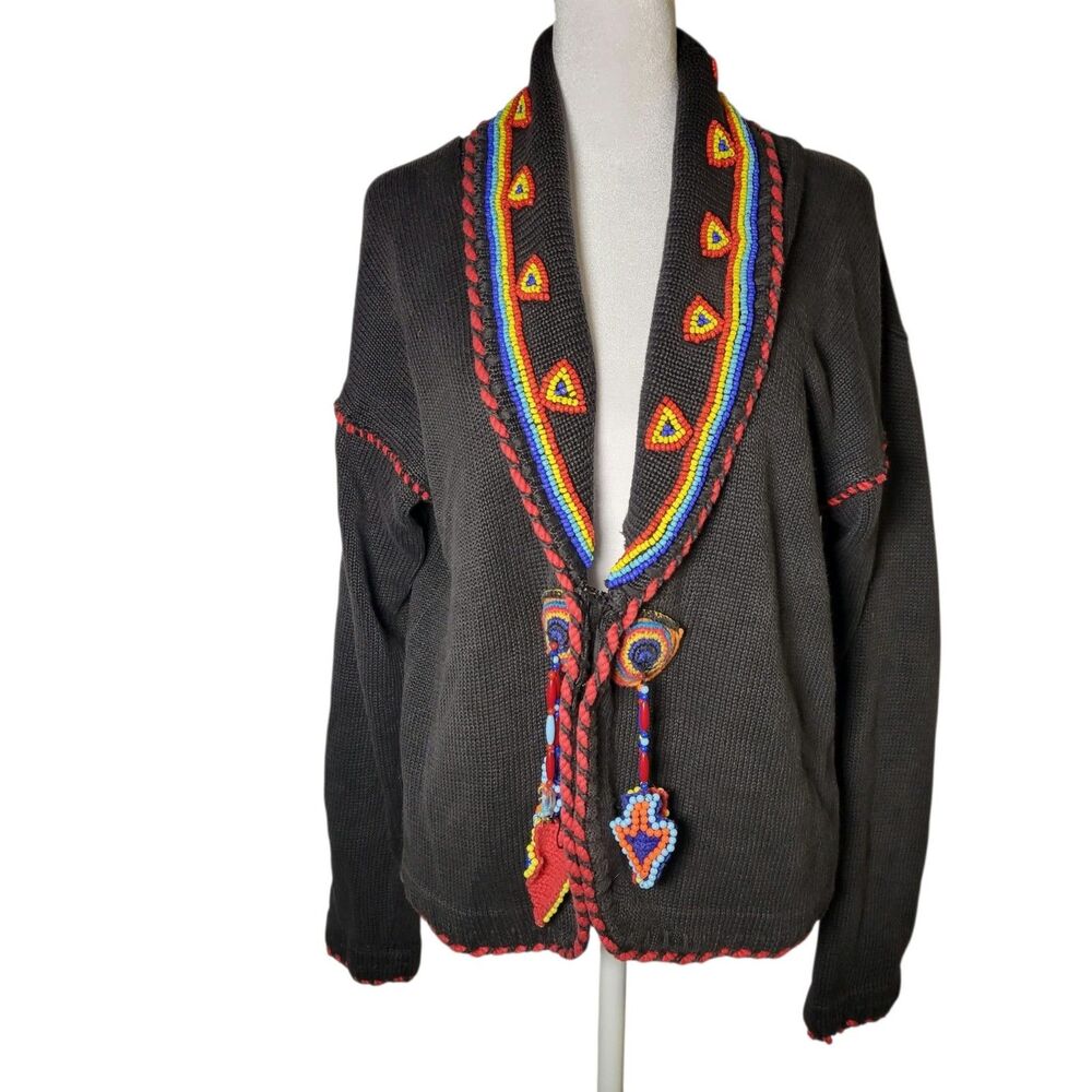 Vtg 90s Victoria Jones Beaded Cardigan Sweater S Fringe Southwest Boho Festival